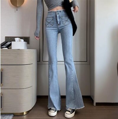 韓国のファッション 新しい レトロなハイウエストスリムスリミングジーンズ ブーツカットパンツ1E05